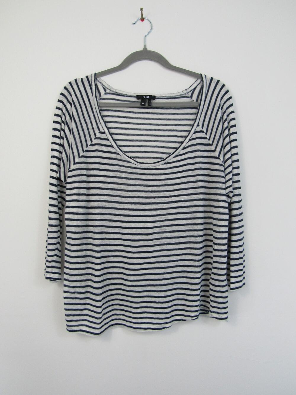 Paige Medium Striped Scoop Neck Top 100% Linen Raglan Sleeves Lightweight